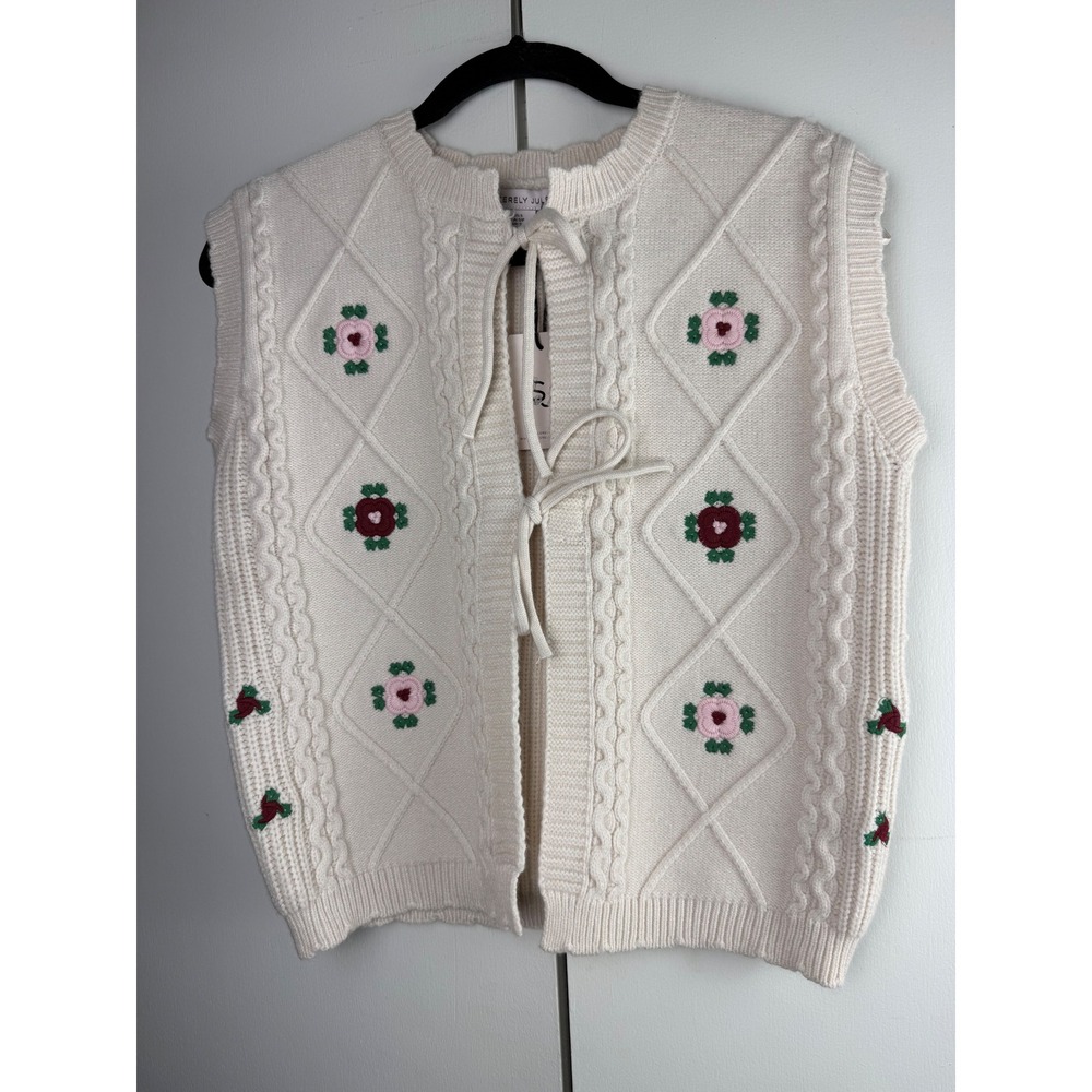 Sincerely Jules Cream Cable Knit Rose Embroidered Tie Front Vest Sweater Women S
